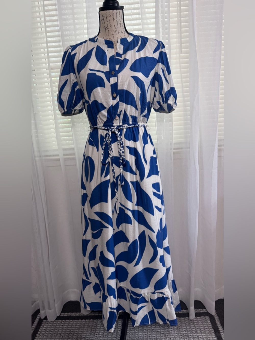 Blue and White Leaf-Print Tie-Waist Maxi Dress